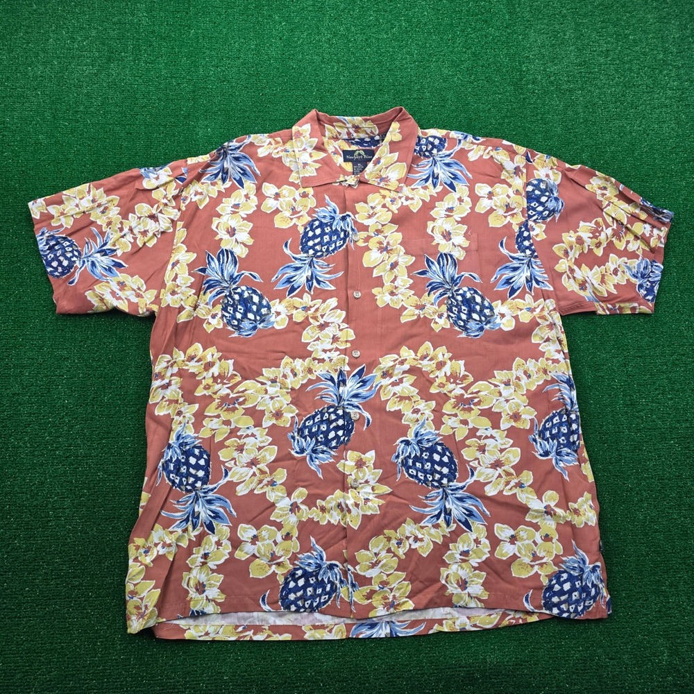 Newport Blue Hawaiian Shirt Mens XL Rayon Pineapple Floral Button Up Beach Aloha